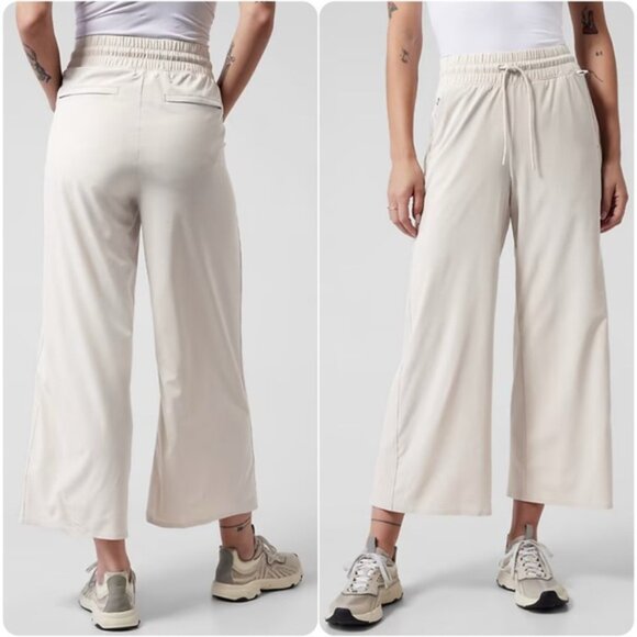 ATHLETA Pants Womens 12 Beige Avenue Wide Leg Crop Pant Drawstring Relaxed - Picture 1 of 14
